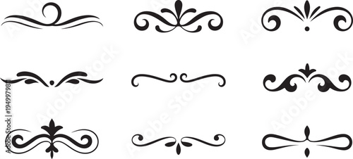 A collection of nine distinct black decorative text dividers and page separators on a clean white background