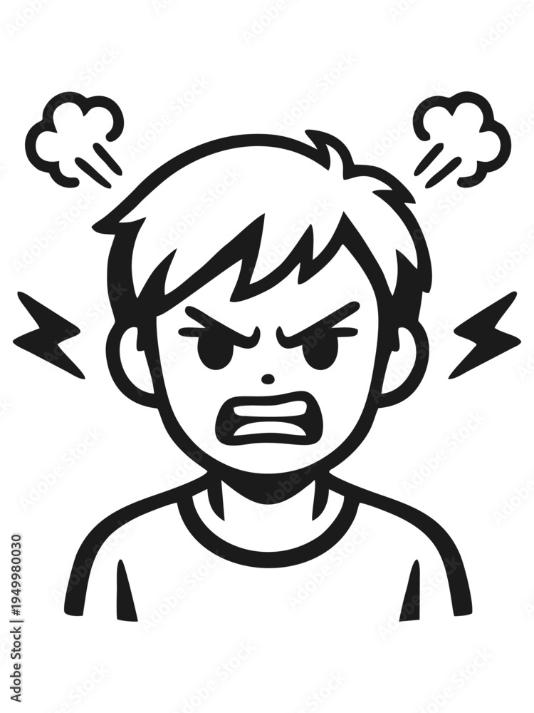 Obraz premium Black and White Line Illustration of Angry Boy Face Icon