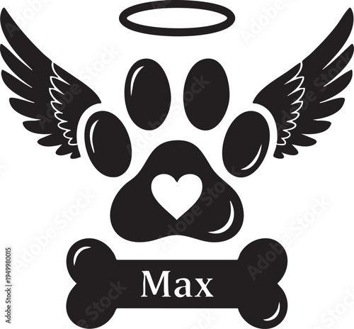 Black and white paw print with wings, heart, and bone personalized with name max