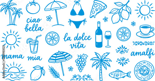 Summer vacation icons and phrases on white background
