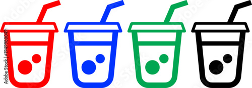 Assortment of drink cups with straws in red blue green and black for beverages and refreshing liquids