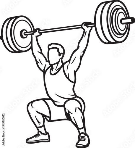 A black and white line drawing of a man lifting weights overhead in a squat position