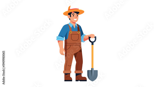 The Hardy Farmer: A smiling farmer stands proudly, holding a shovel, embodying the spirit of hard work and dedication in the agricultural landscape.