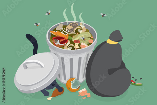 Garbage pile full of household waste with trash container and trash bag. Black cat steals food. Environmental pollution concept. 3d isometric flat vector illustration.