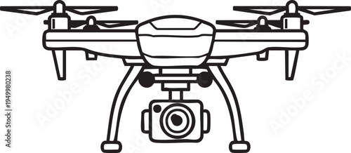 A detailed line drawing of a drone with a camera