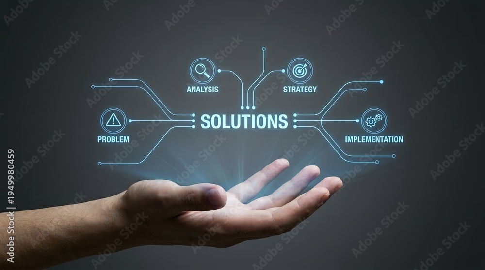 Naklejka premium A hand presenting a glowing blue solutions flowchart with problem analysis strategy and implementation icons on a dark background