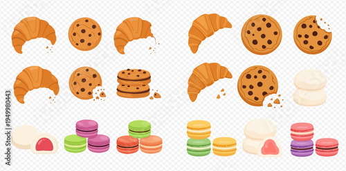 Set of delicious croissants, chocolate chip cookies, mochi, and colorful macarons for breakfast or dessert.