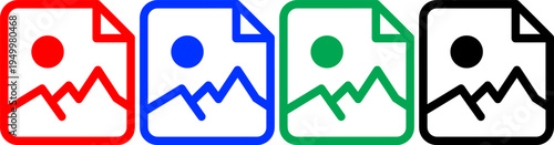 Collection of colorful image file icons in red blue green and black symbolizing digital media and photos