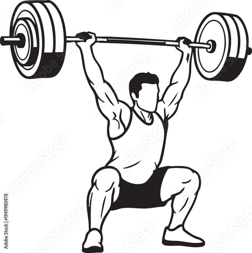 A black and white illustration of a man lifting a heavy barbell overhead in a squat position