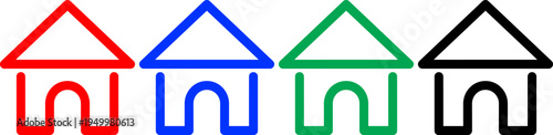 Collection of four house icons in red, blue, green and black, representing home ownership