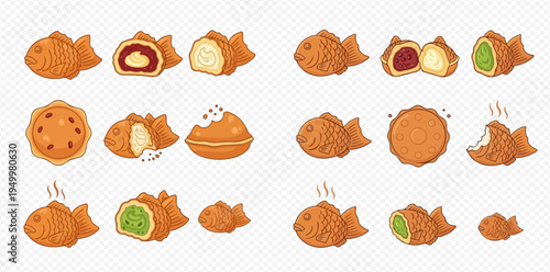 Set of Taiyaki Japanese fish-shaped cake with various fillings, sweet street food.