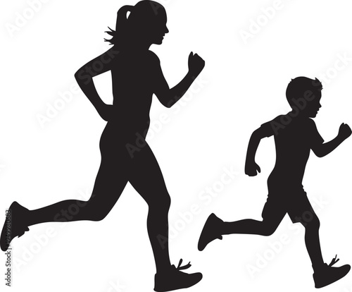 Silhouette of a woman and a boy running together in a dynamic pose