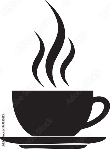Black silhouette of a steaming hot cup of coffee on a saucer