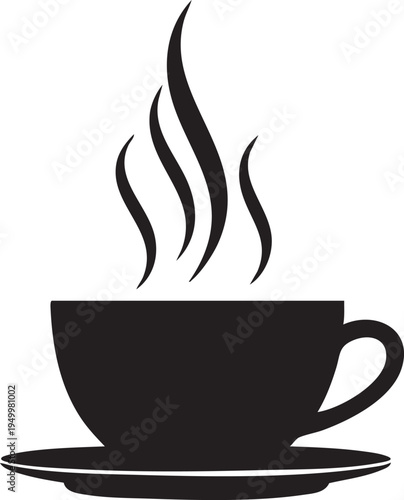 A black silhouette of a steaming hot cup of coffee on a saucer