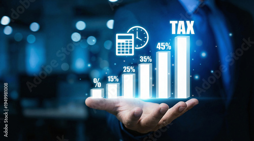 Rising Tax Rates Concept with Holographic Bar Graph and Financial Icons