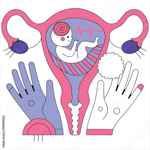 Maternal health, pregnancy, and conception illustrated with uterus, baby, and hands.