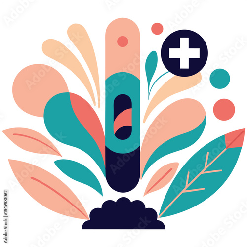 Positive pregnancy test result with abstract floral and leaf elements.