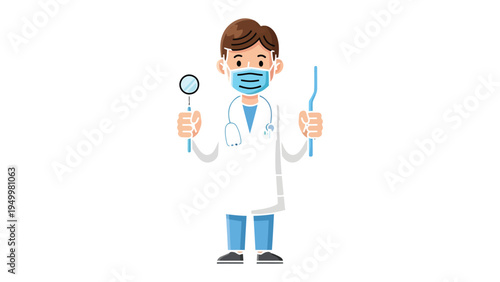 Dentist in Action: A professional dentist, clad in medical attire, stands confidently holding dental tools, a mirror and a scaler, in a clinical and sterile setting. 