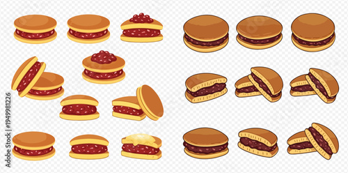 Set of cartoon dorayaki and pancake illustrations with various fillings.