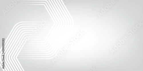 Abstract white hexagonal line pattern over soft gray background, layered geometric stripes forming modern technology style vector design.