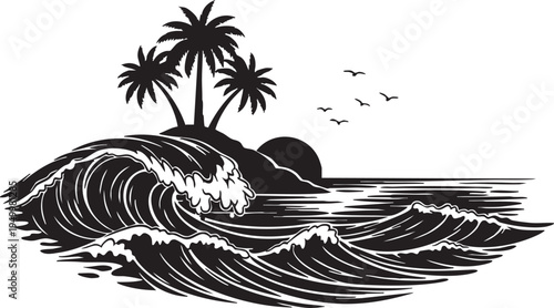Black and white illustration of a tropical island with palm trees, waves, and birds flying overhead