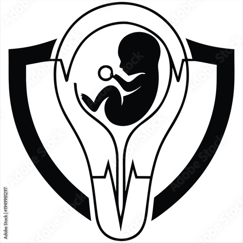 Fetus in womb outline vector illustration, symbolizing new life and protection, healthcare concept.