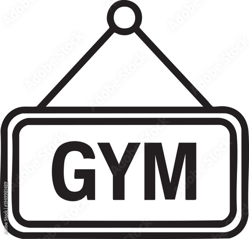 A black and white icon of a gym sign hanging on a rope