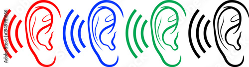Ear listening icon in red blue green and black color set isolated on white background