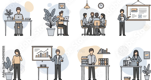 Office scenes with people working at desks, in meetings, and presenting (7)
