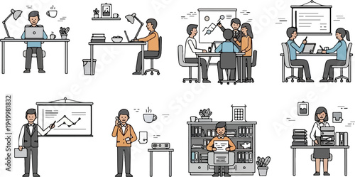 Office vignettes teamwork, presentations, and individual tasks