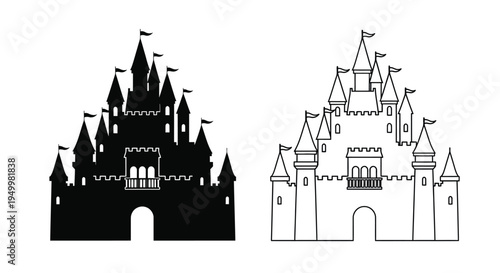 Two fairytale castles one a dark dramatic silhouette
