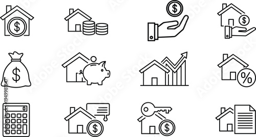 Black and white line of houses and money line houses coins calculator
