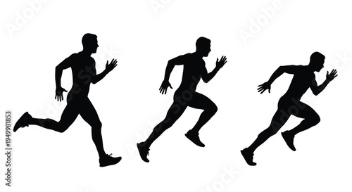 Three runners in motion depicted as a stark black silhouette