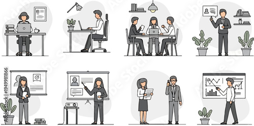 Office workers engaged in various business activities, including meetings and presentations