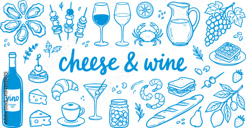 Cheese and wine illustration with various food and drink items on white background