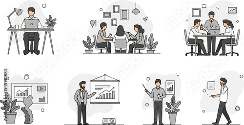 Business meeting scenarios, team collaboration, and individual work