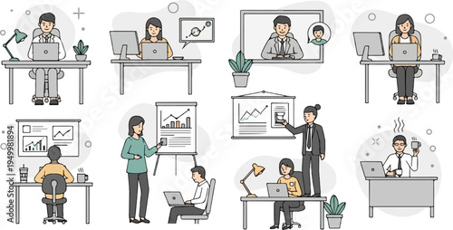 People working at desks, presenting charts, and communicating online