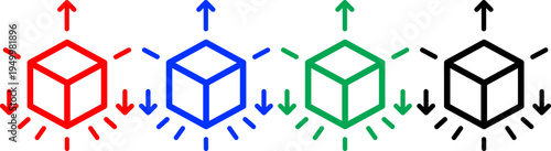 Four 3D cubes with arrows indicating movement in red blue green and black colors