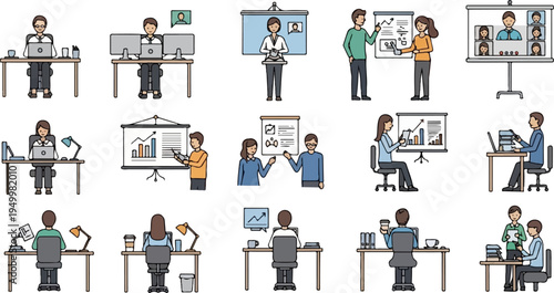 Business meeting icons showing people working and presenting data in office settings