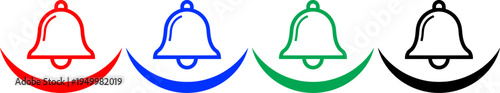Four bells with crescent moon icons in red blue green and black, religious symbols