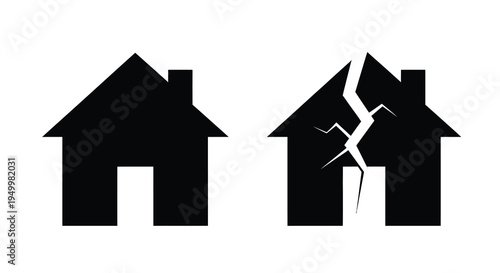 Two house shapes one intact and one fractured in black silhouette