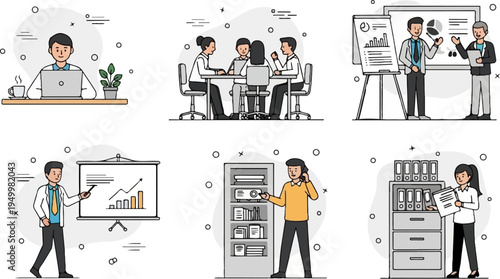 Business professionals collaborating, presenting, and organizing office tasks