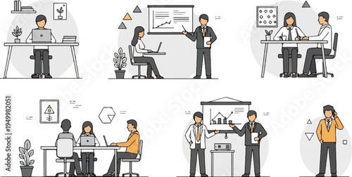Business office scenarios with people working and presenting data