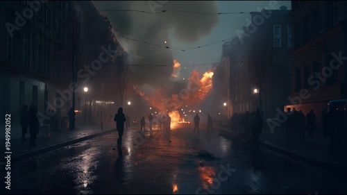 Night City Alarm: People Running, Protest, and Fire