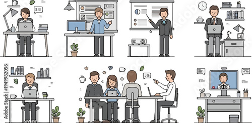 People working at desks, presenting, and in a video conference