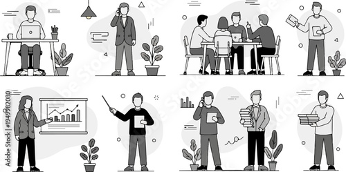 People in various office scenes, presenting, working, and in meetings