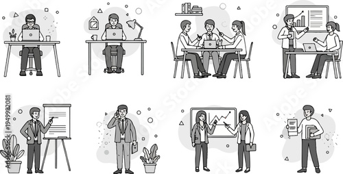 Business professionals engage in various work-related activities, including meetings and presentations