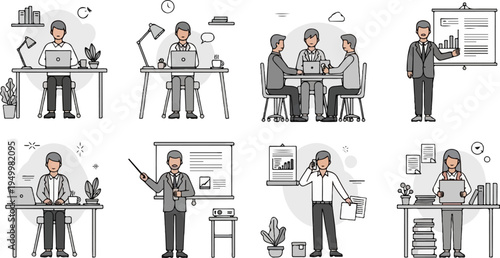 Office workers engaged in various tasks, including presentations and computer work