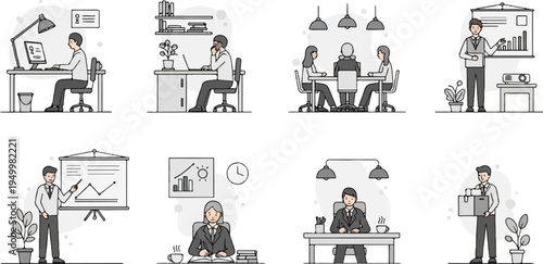 Office scenes with people working, meeting, presenting, and moving boxes