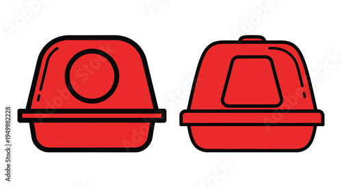 Two red takeout containers displayed in front and side views silhouette
